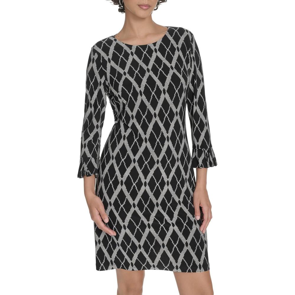 imageTommy Hilfiger Womens 34 Ruffle Trim Sleeve Round Neck Jersey Shift Mini DressBlackIvory
