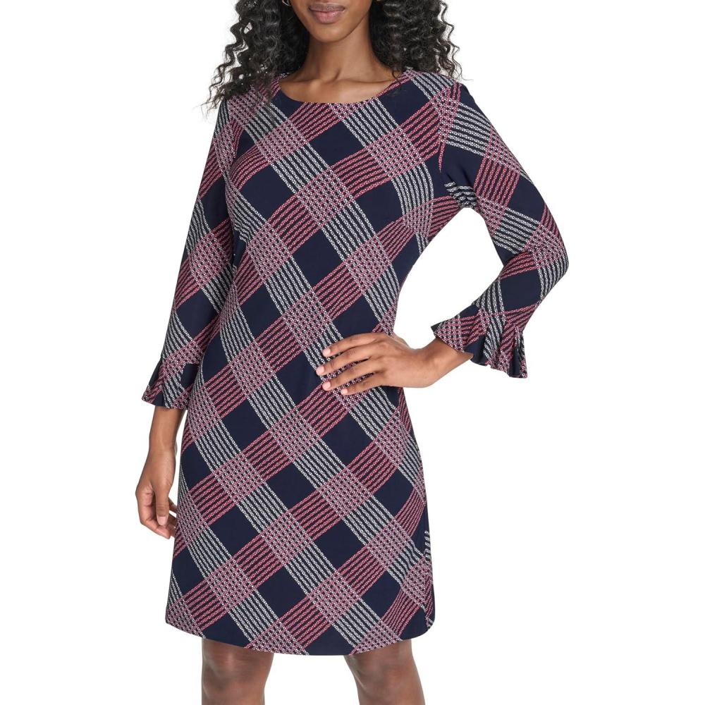 imageTommy Hilfiger Womens 34 Ruffle Trim Sleeve Round Neck Jersey Shift Mini DressSky CaptainSherbet