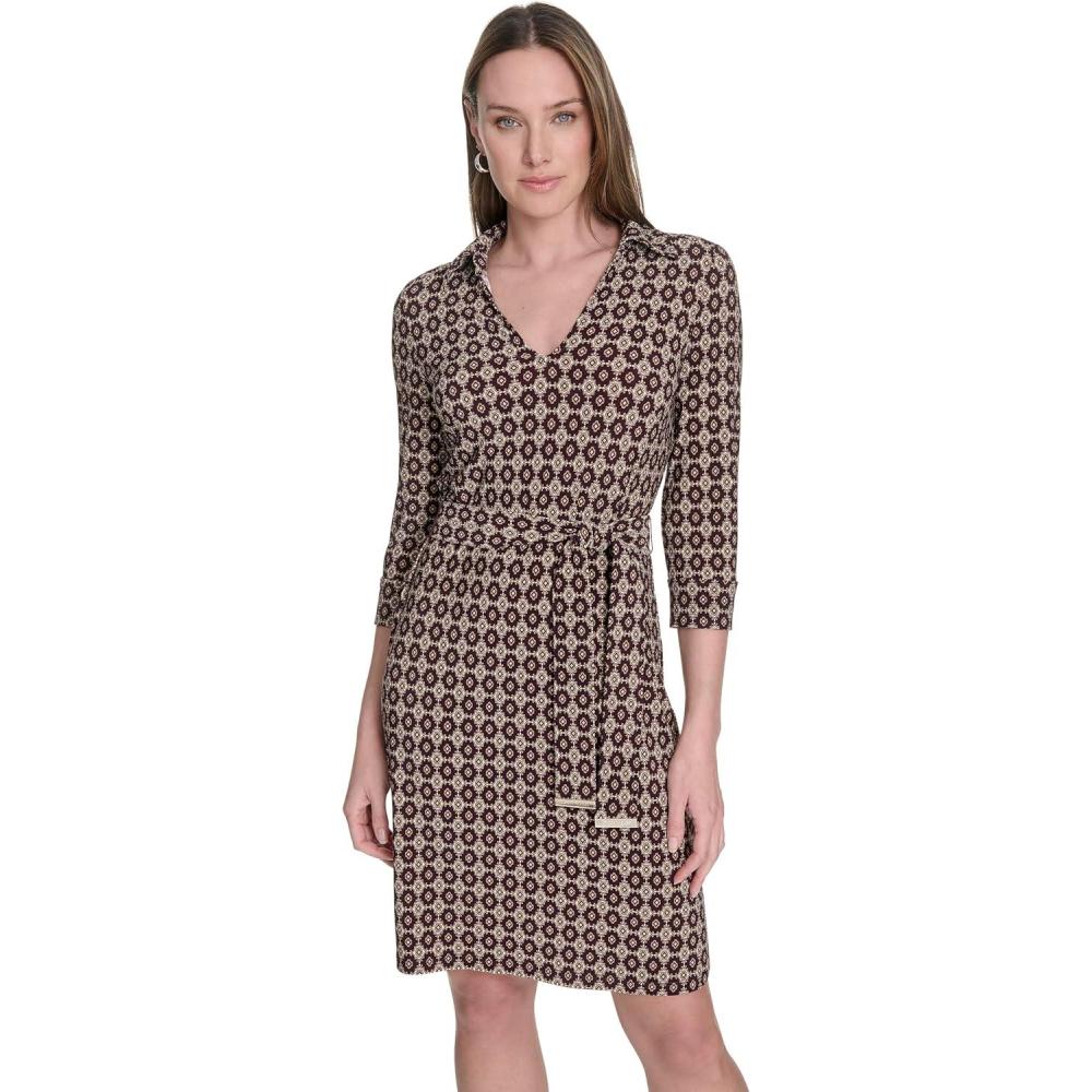 imageTommy Hilfiger Womens 34 Sleeve Collared VNeck Tie Waist Mini DressAubergineMulti