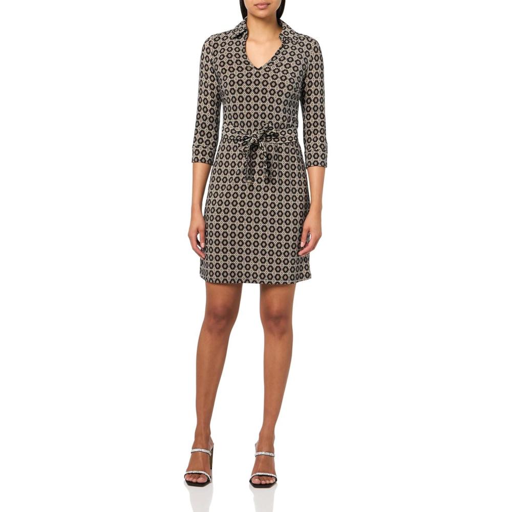 imageTommy Hilfiger Womens 34 Sleeve Collared VNeck Tie Waist Mini DressBlack Multi