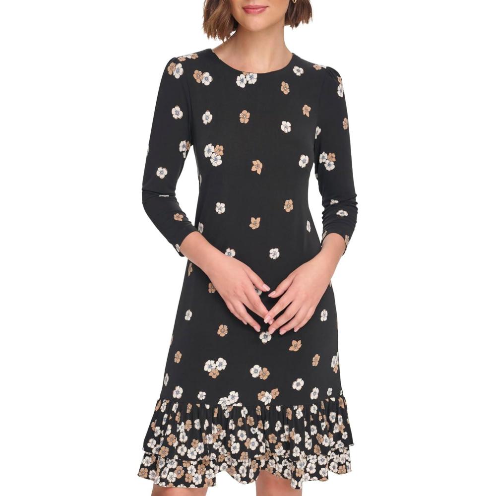 imageTommy Hilfiger Womens 34 Sleeve Crew Neck Double Ruffle Hem Jersey Shift Mini DressBlackCream