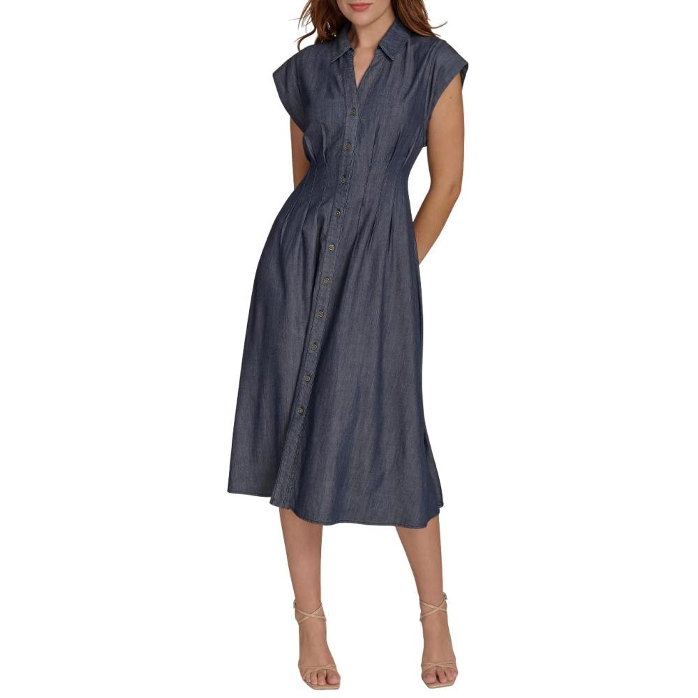 imageTommy Hilfiger Womens Cap Sleeve Chambray Fit and Flare Midi DressDark Wash
