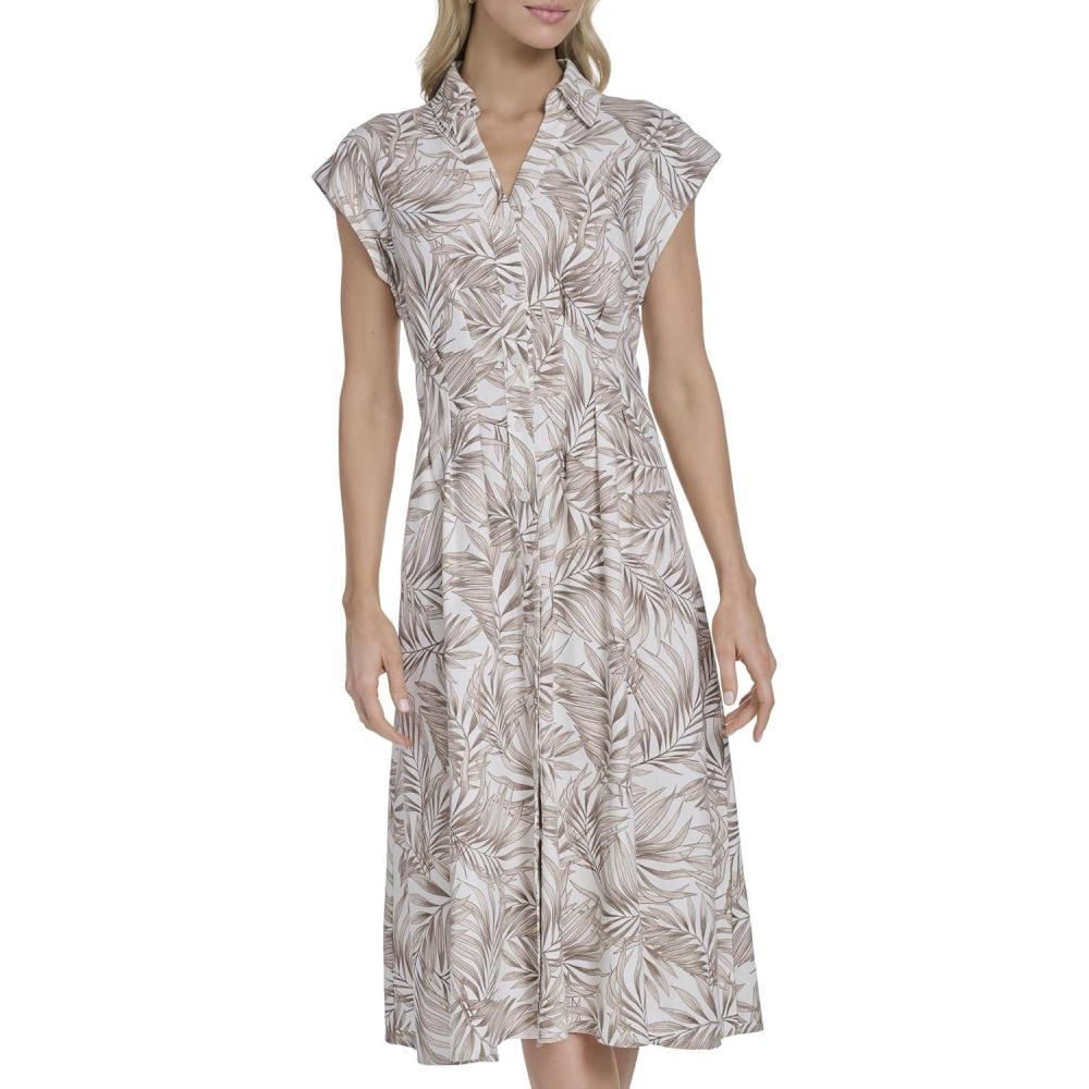 imageTommy Hilfiger Womens Cap Sleeve Chambray Fit and Flare Midi DressSand Multi