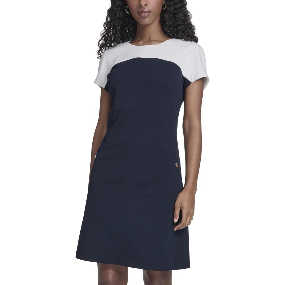 imageTommy Hilfiger Womens Cap Sleeve Crew Neck Scuba Crepe Shift Mini DressSky CaptainIvory