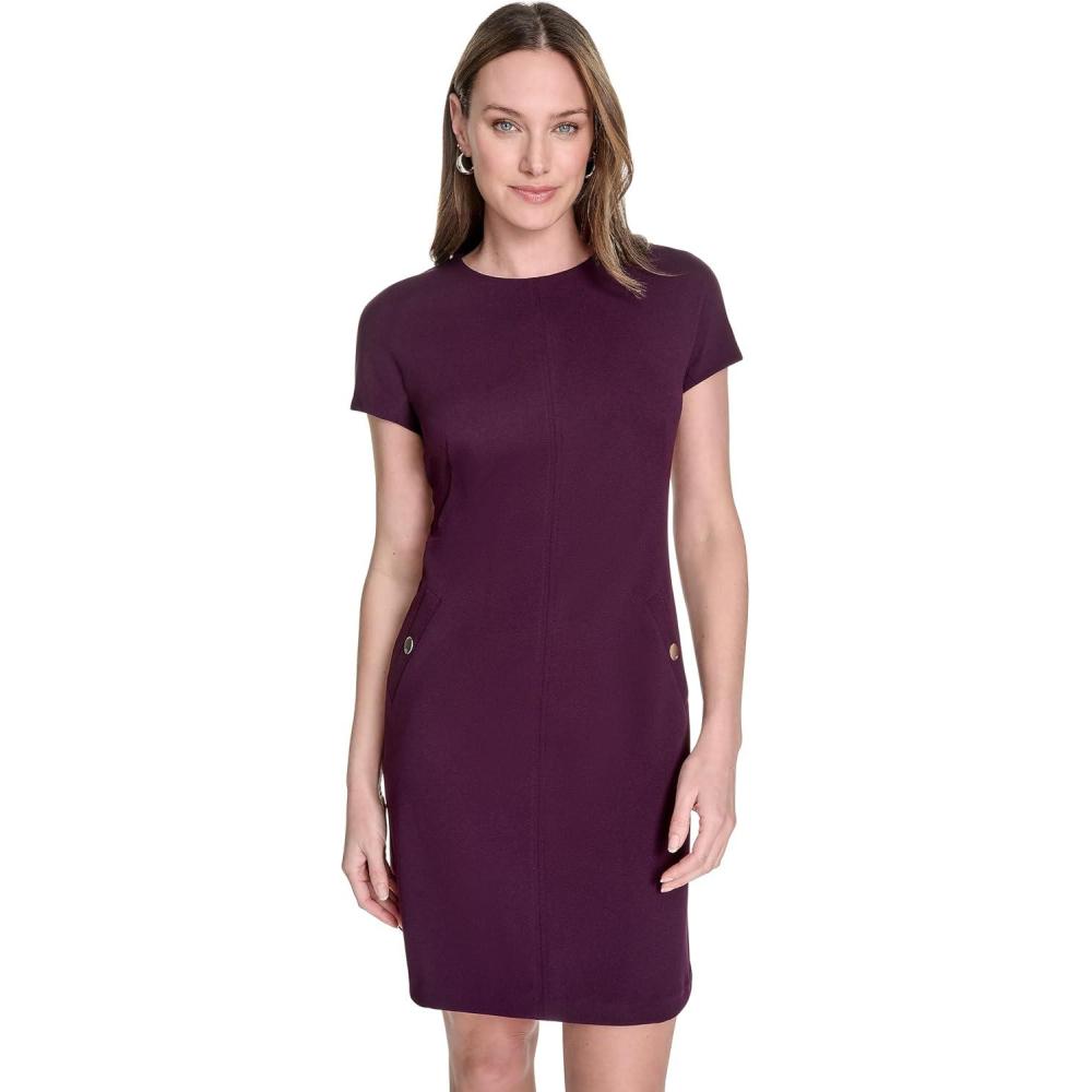 imageTommy Hilfiger Womens Cap Sleeve Crew Neck Two Hip Pockets Sheath Mini DressAubergine