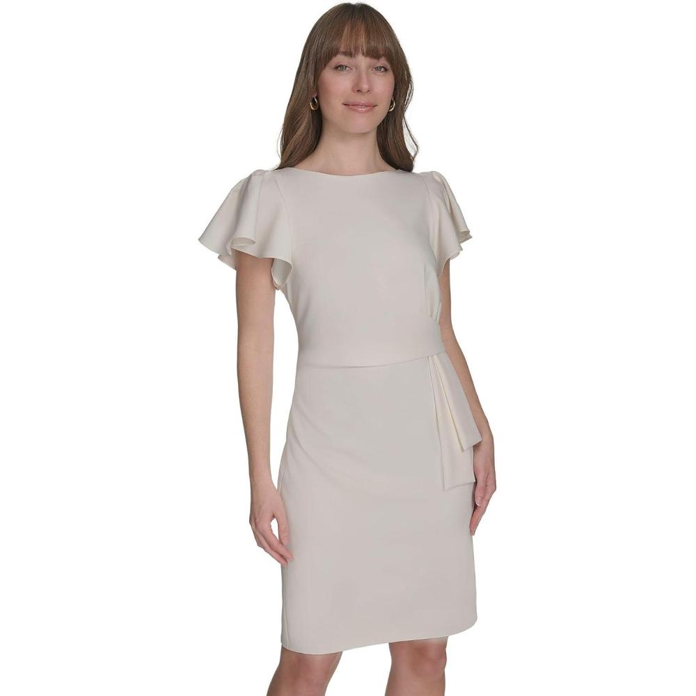 imageTommy Hilfiger Womens Flounce Sleeve Side Drape Fully Lined Sheath DressIvory