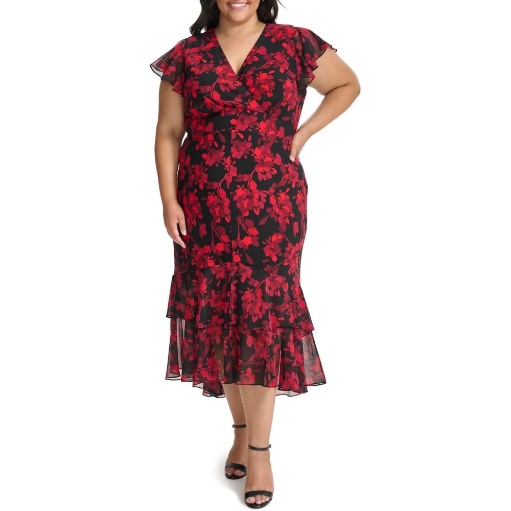 imageTommy Hilfiger Womens Flutter Sleeve VNeck Ruffle Trim Hi Lo Midi DressChil Pepper Multi