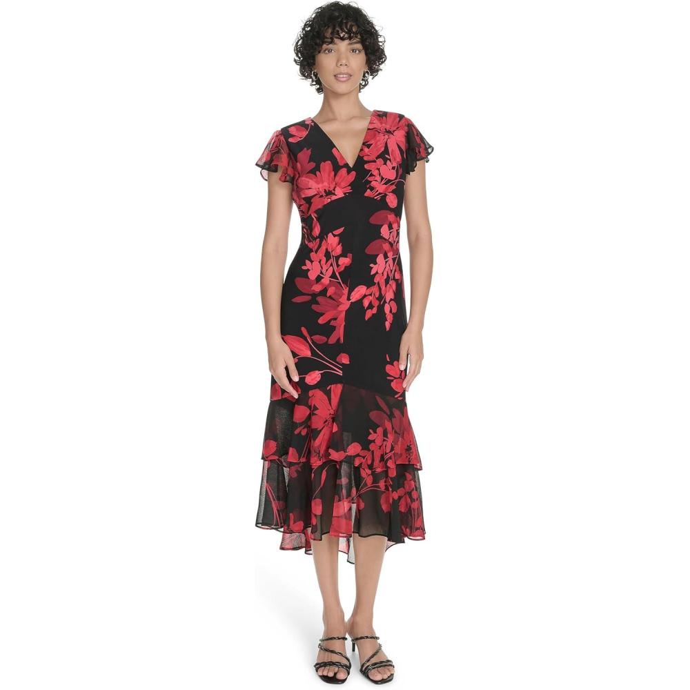 imageTommy Hilfiger Womens Flutter Sleeve VNeck Ruffle Trim Hi Lo Midi DressDeep Scarlet Multi