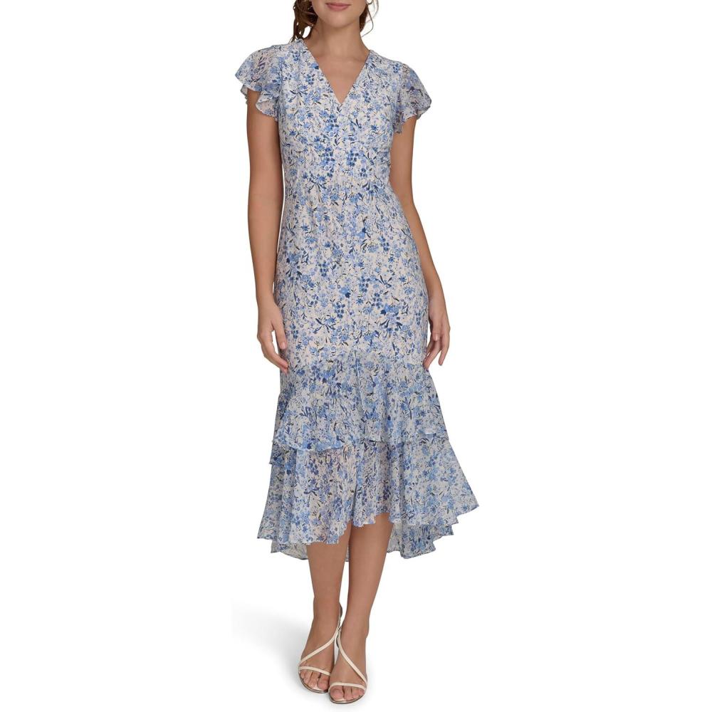 imageTommy Hilfiger Womens Flutter Sleeve VNeck Ruffle Trim Hi Lo Midi DressFrench Blue Multi