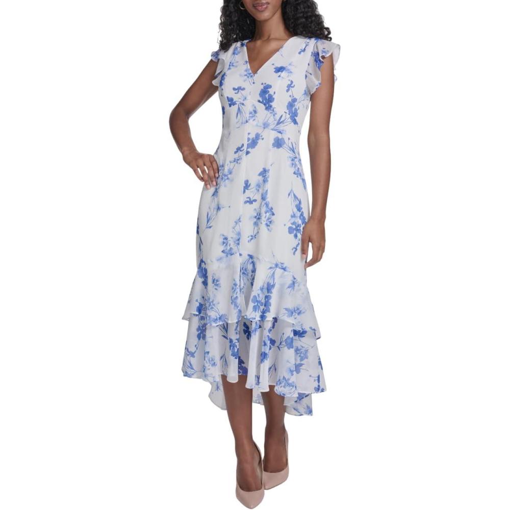 imageTommy Hilfiger Womens Flutter Sleeve VNeck Ruffle Trim Hi Lo Midi DressIvoryFrench Blue