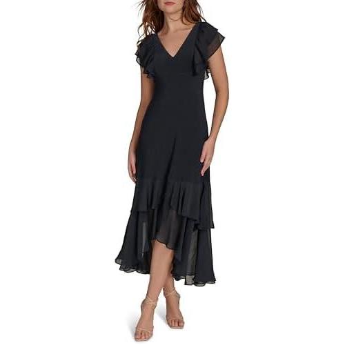 imageTommy Hilfiger Womens Flutter Sleeve VNeck Ruffle Trim Hi Lo Midi DressSky Captain
