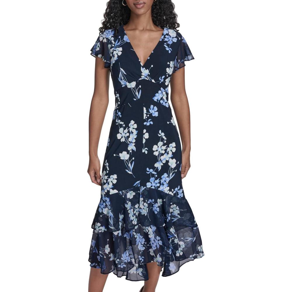 imageTommy Hilfiger Womens Flutter Sleeve VNeck Ruffle Trim Hi Lo Midi DressSky CaptainHarbor Grey