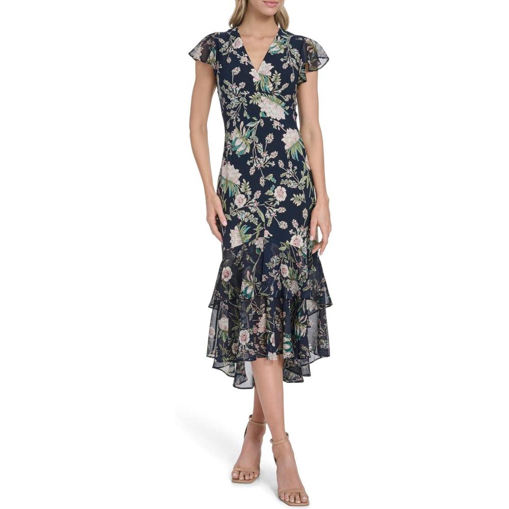 imageTommy Hilfiger Womens Flutter Sleeve VNeck Ruffle Trim Hi Lo Midi DressSky CaptainMulti