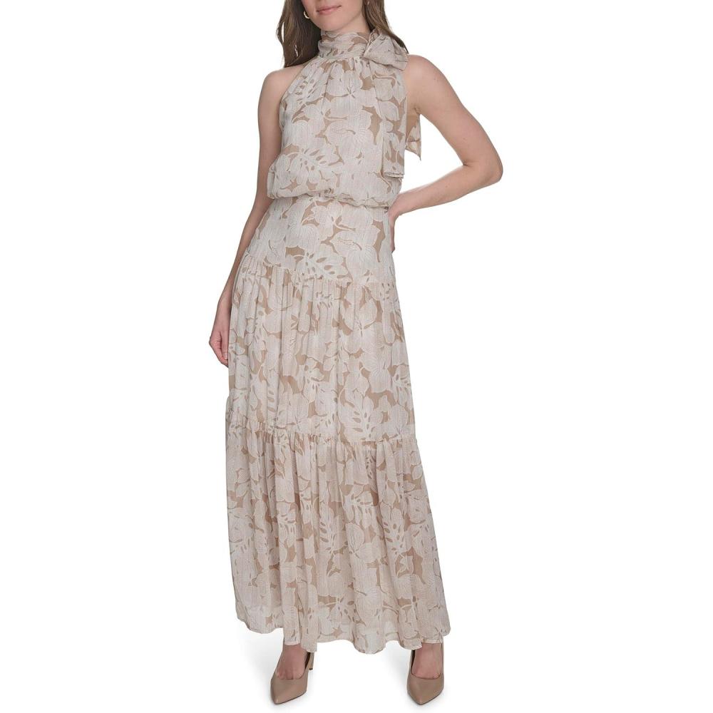 imageTommy Hilfiger Womens Halter Neck Sleeveless Maxi DressSandIvory