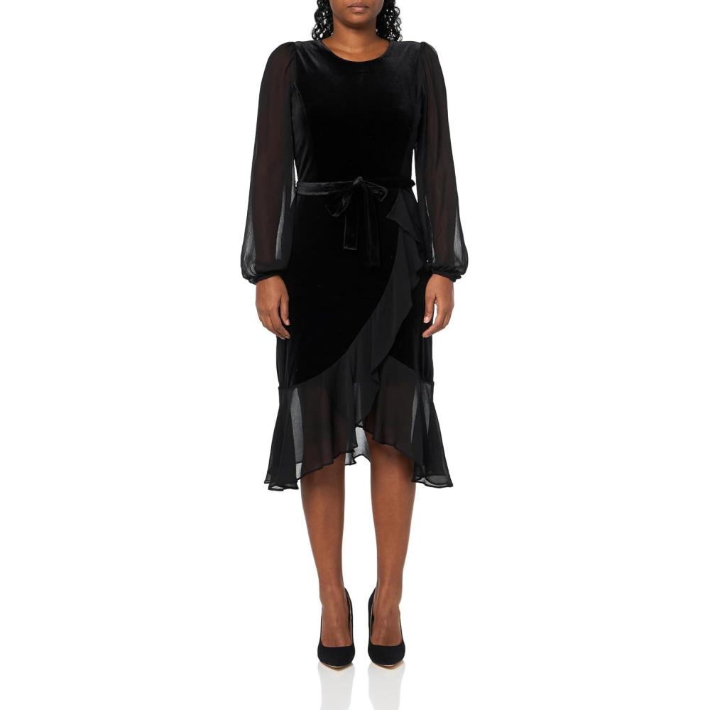 imageTommy Hilfiger Womens Long Chiffon Balloon Sleeve Velvet Wrap Midi DressBlack