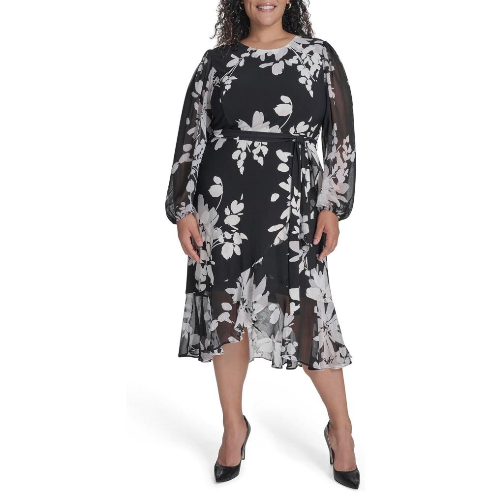 imageTommy Hilfiger Womens Long Chiffon Balloon Sleeve Velvet Wrap Midi DressIvory Multi