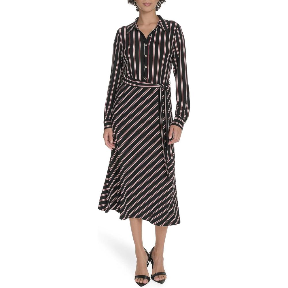 imageTommy Hilfiger Womens Long Sleeve Collared Tie Waist Midi Shirt DressBlackCabernet