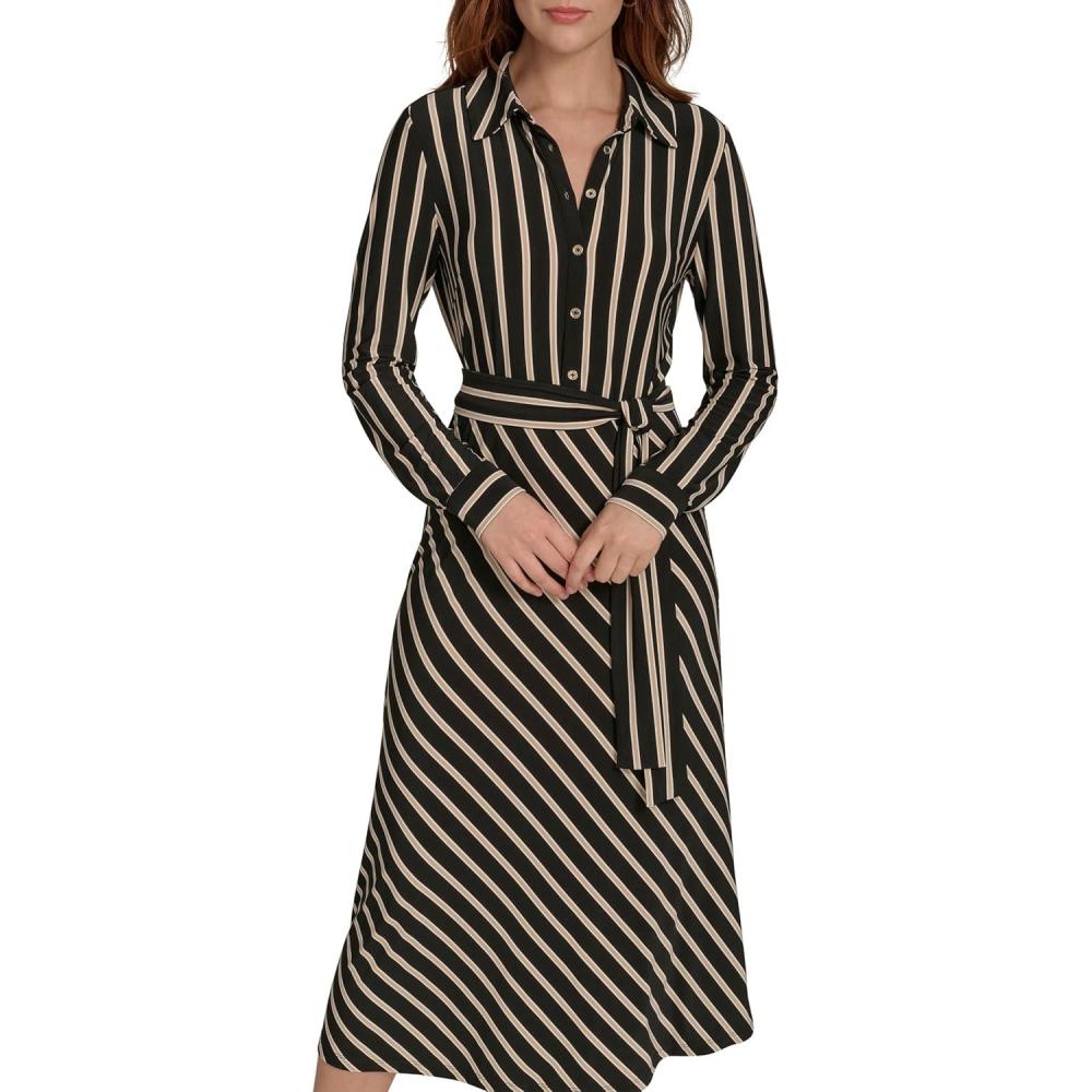 imageTommy Hilfiger Womens Long Sleeve Collared Tie Waist Midi Shirt DressBlackSand