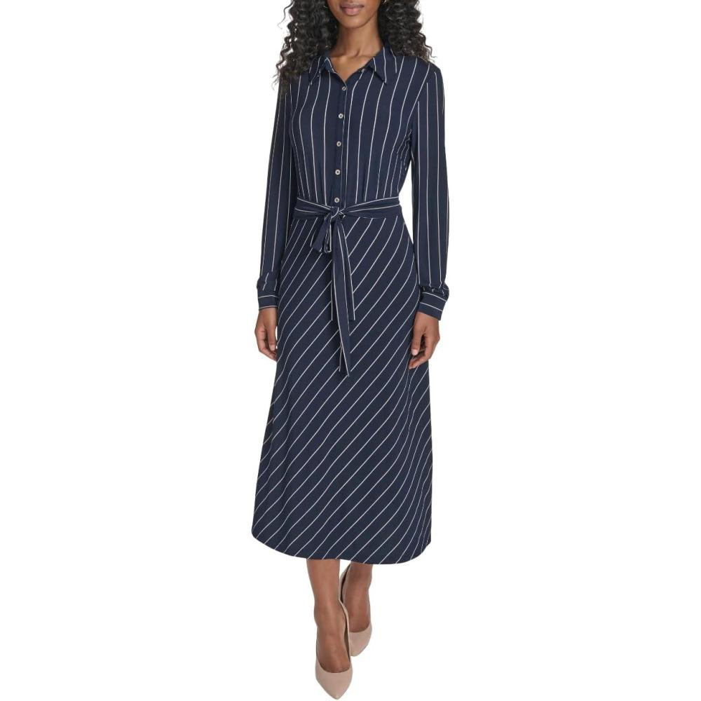 imageTommy Hilfiger Womens Long Sleeve Collared Tie Waist Midi Shirt DressSky CaptainIvory