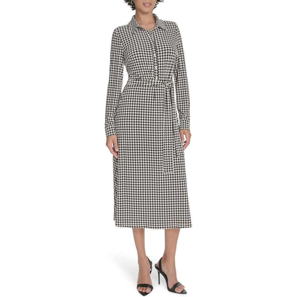 imageTommy Hilfiger Womens Long Sleeve Collared Tie Waist Midi Shirt DressWhitecapBlack