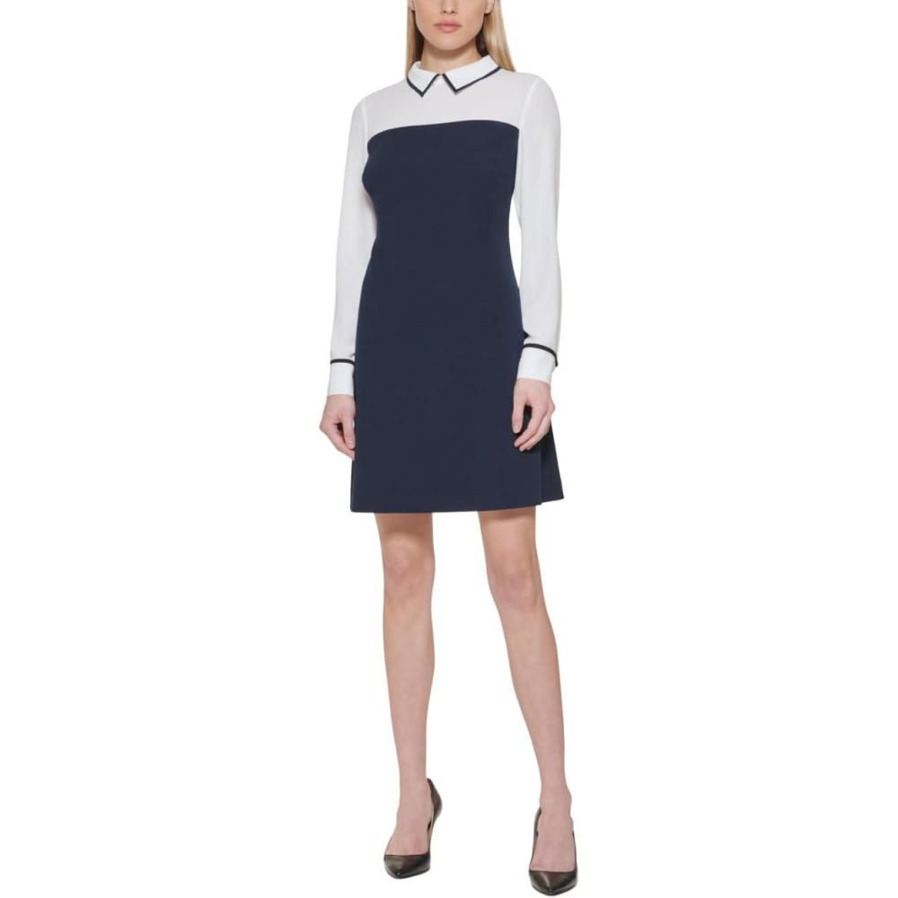 imageTommy Hilfiger Womens Long Sleeve Collared Twofer Shift Mini DressSky Captain