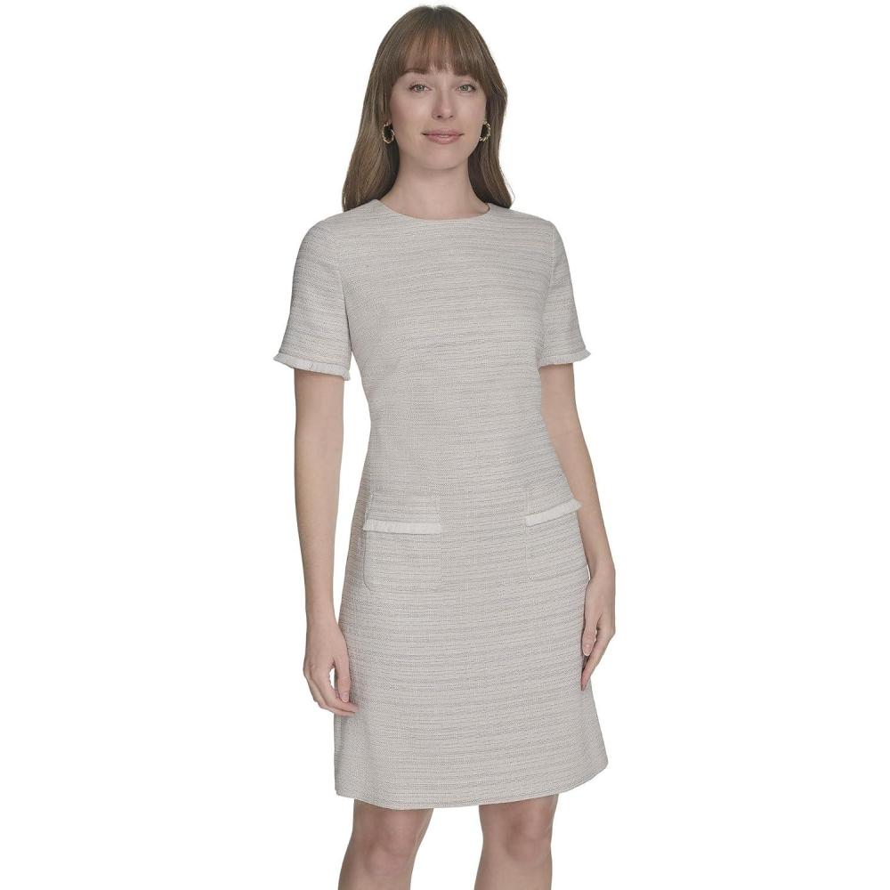 imageTommy Hilfiger Womens Pleated Trim Short Sleeve High Neck Shift Mini DressKhakiIvory