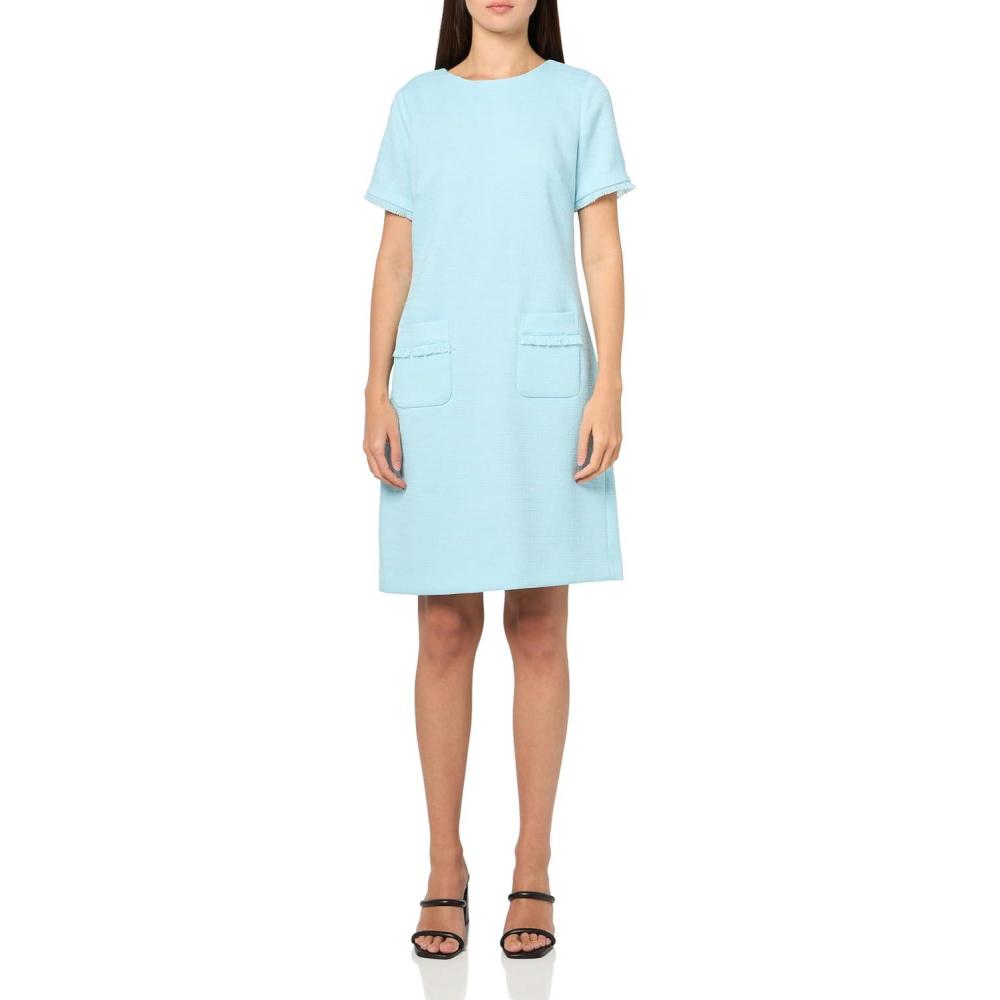 imageTommy Hilfiger Womens Pleated Trim Short Sleeve High Neck Shift Mini DressPorcelain Blue