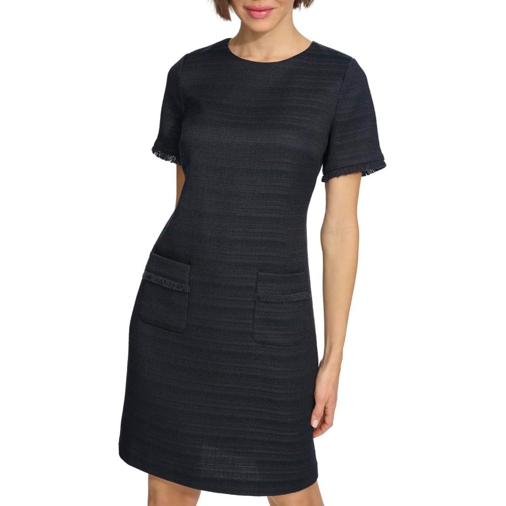 imageTommy Hilfiger Womens Pleated Trim Short Sleeve High Neck Shift Mini DressSky Captain