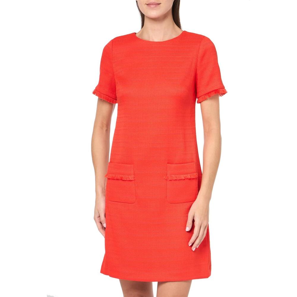 imageTommy Hilfiger Womens Pleated Trim Short Sleeve High Neck Shift Mini DressSunset