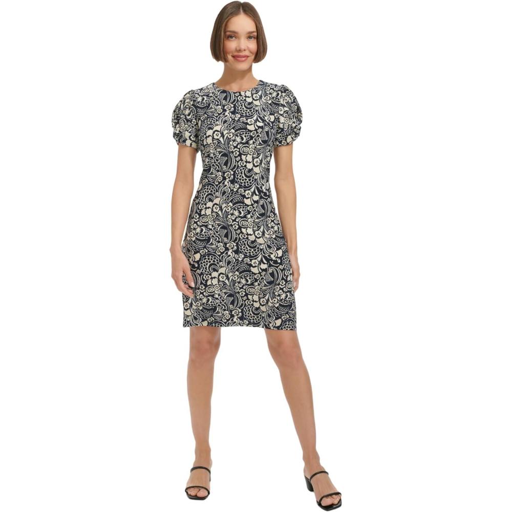 imageTommy Hilfiger Womens Puff Sleeve High Neck Sheath Mini DressSky CaptainIvory