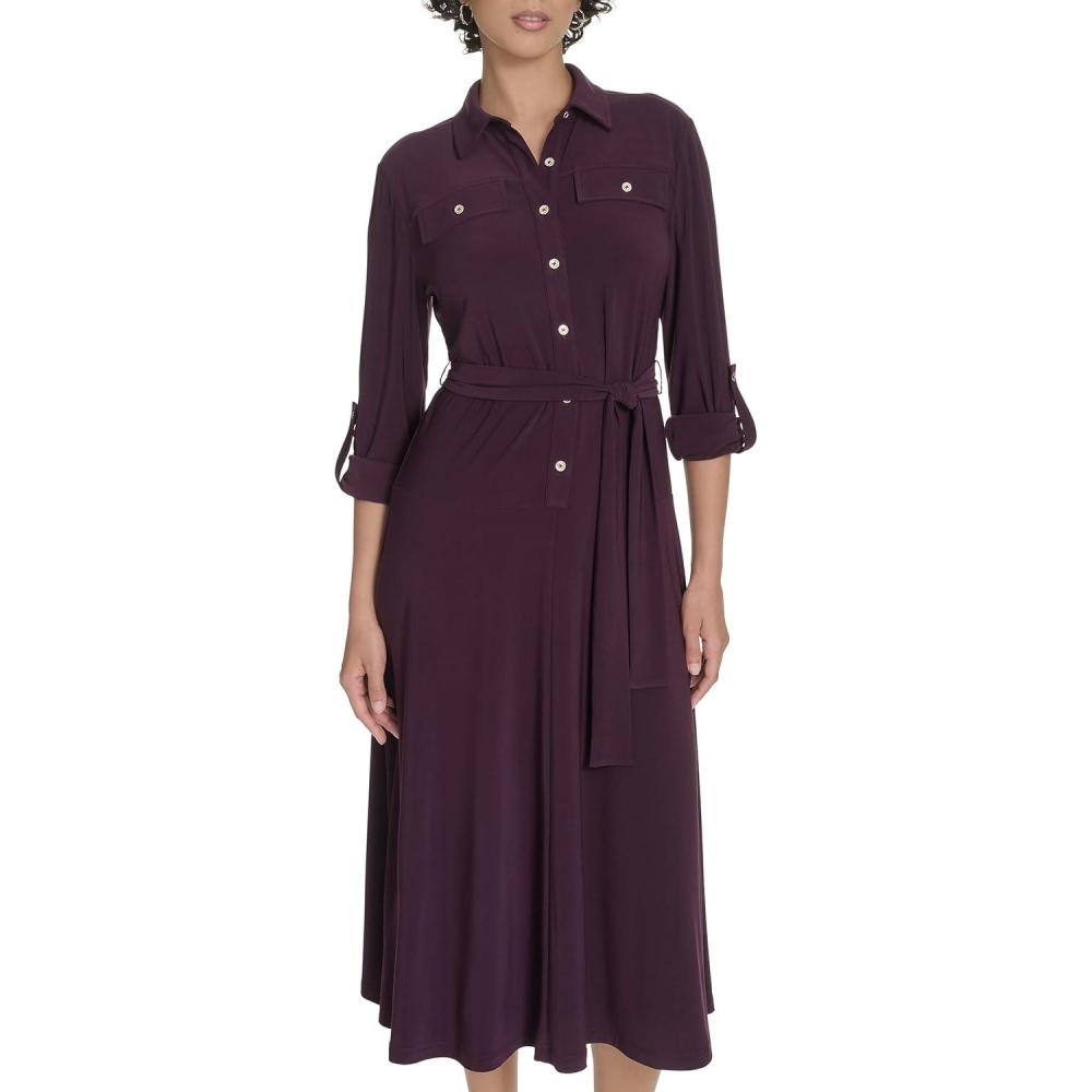 imageTommy Hilfiger Womens Roll Tab Sleeves Collared Solid Jersey ShirtdressAubergine