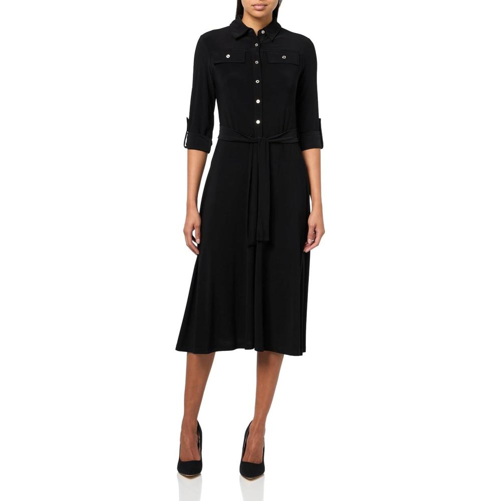 imageTommy Hilfiger Womens Roll Tab Sleeves Collared Solid Jersey ShirtdressBlack