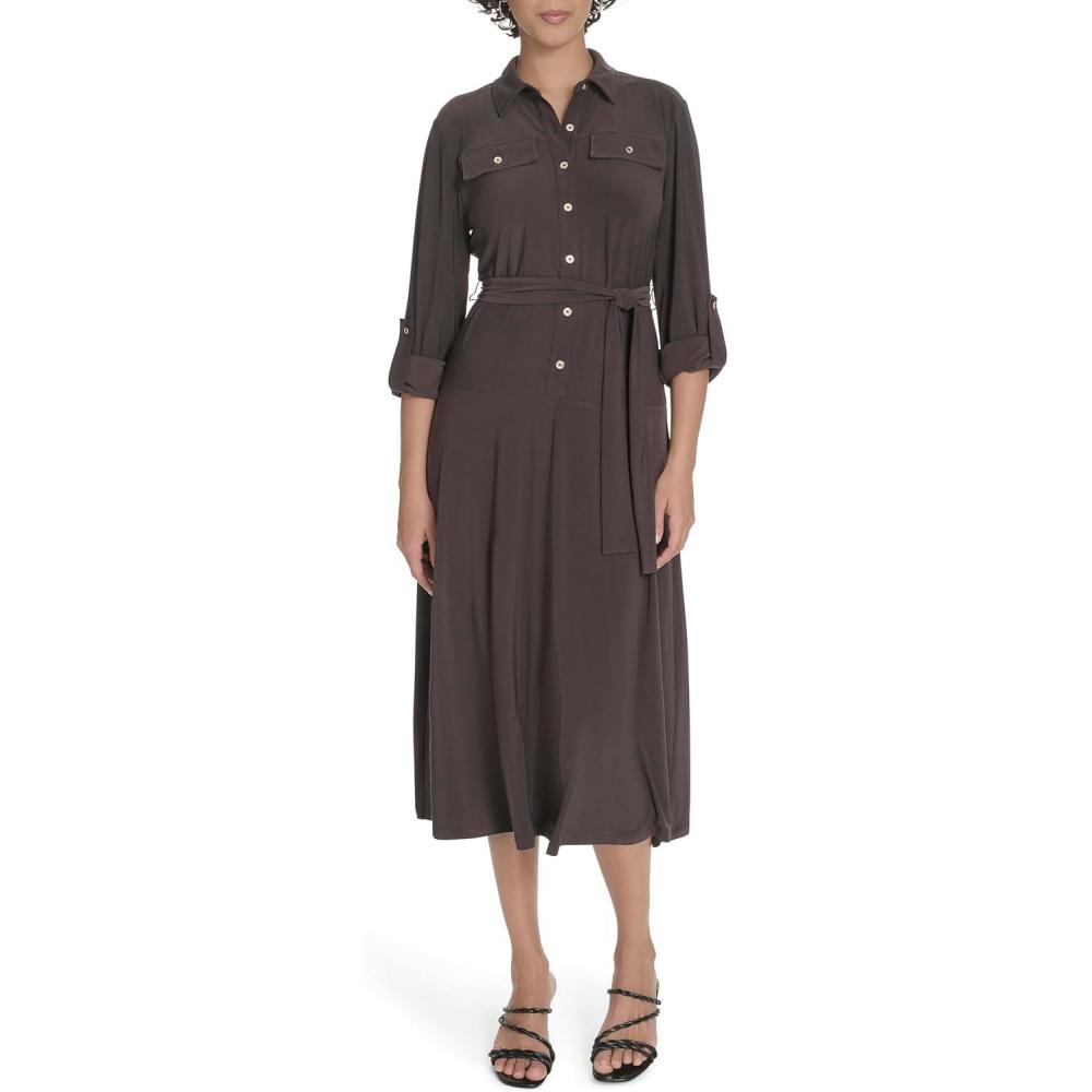 imageTommy Hilfiger Womens Roll Tab Sleeves Collared Solid Jersey ShirtdressMink