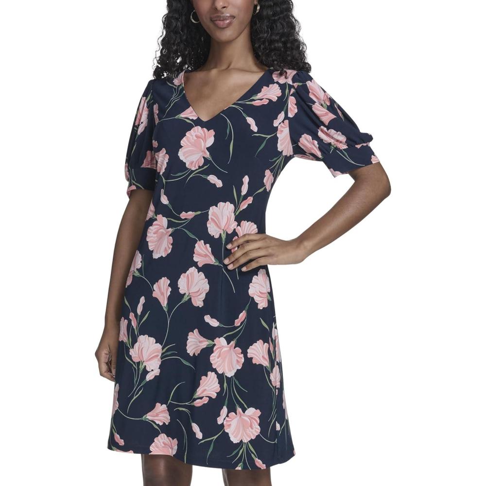 imageTommy Hilfiger Womens Short Puff Sleeve VNeck Shift Mini Dress Sky Captain Multi 10