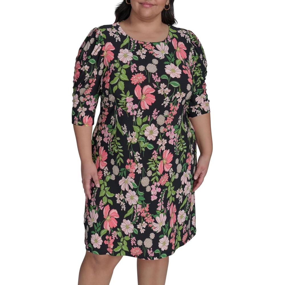 imageTommy Hilfiger Womens Short Ruched Sleeve Boat Neck Shift Mini DressBlack Multi