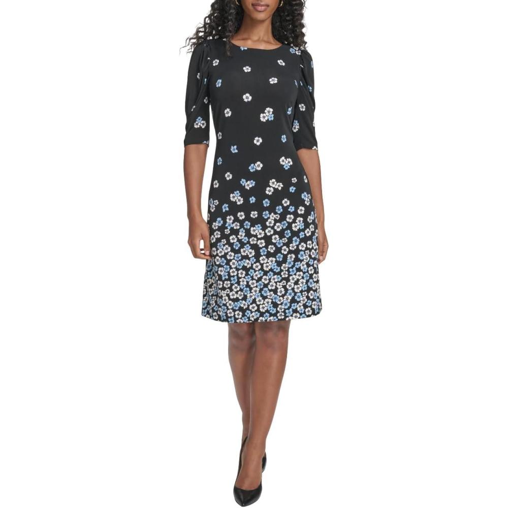 imageTommy Hilfiger Womens Short Ruched Sleeve Boat Neck Shift Mini DressBlackBreeze