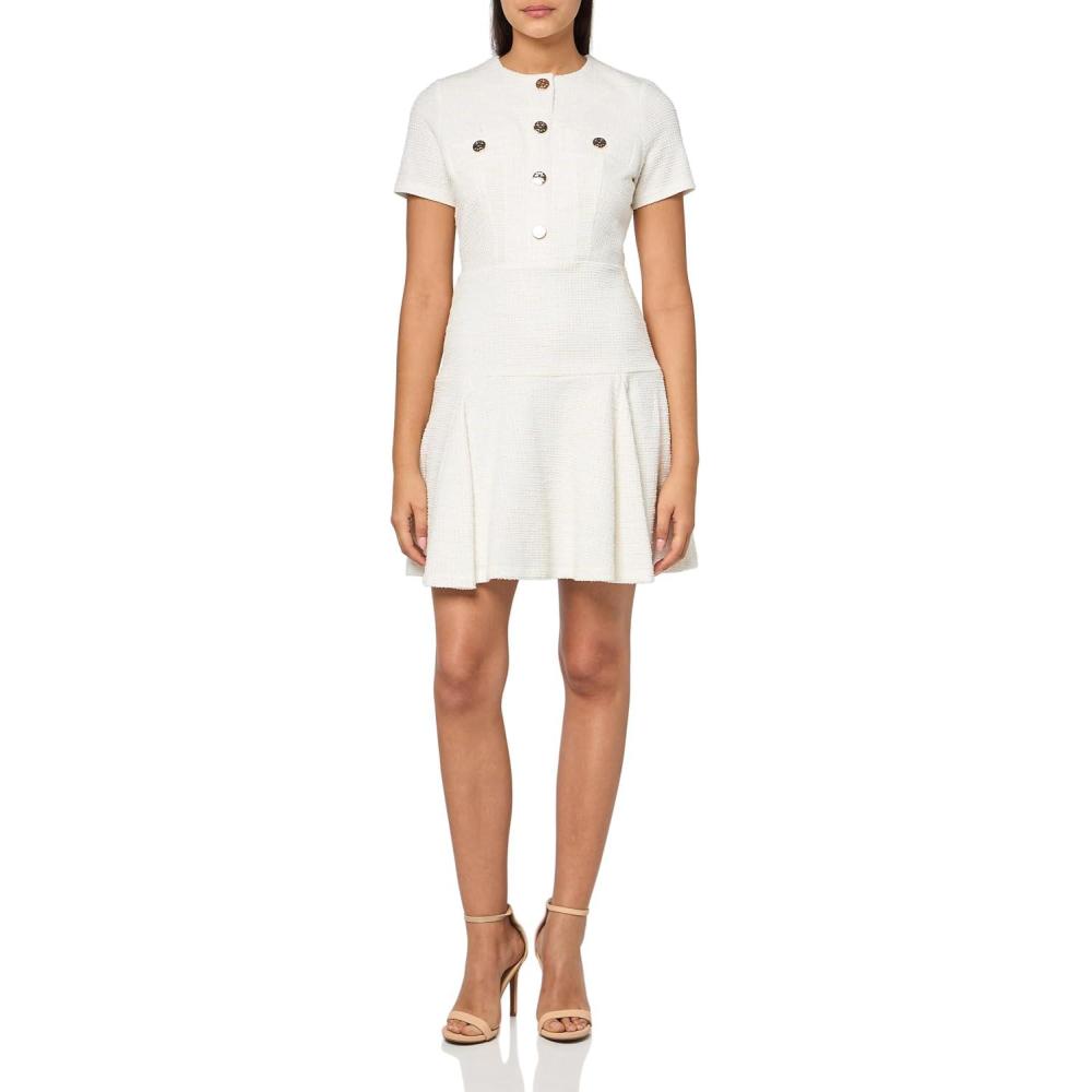 imageTommy Hilfiger Womens Short Sleeve Button Front Sparkle Boucle Knit Fit and Flare Mini DressCreamCream