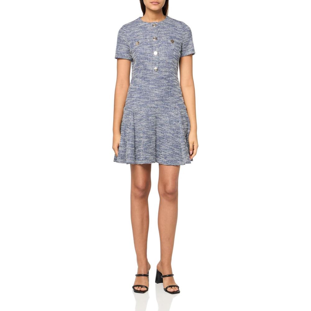 imageTommy Hilfiger Womens Short Sleeve Button Front Sparkle Boucle Knit Fit and Flare Mini DressSky CaptainCream