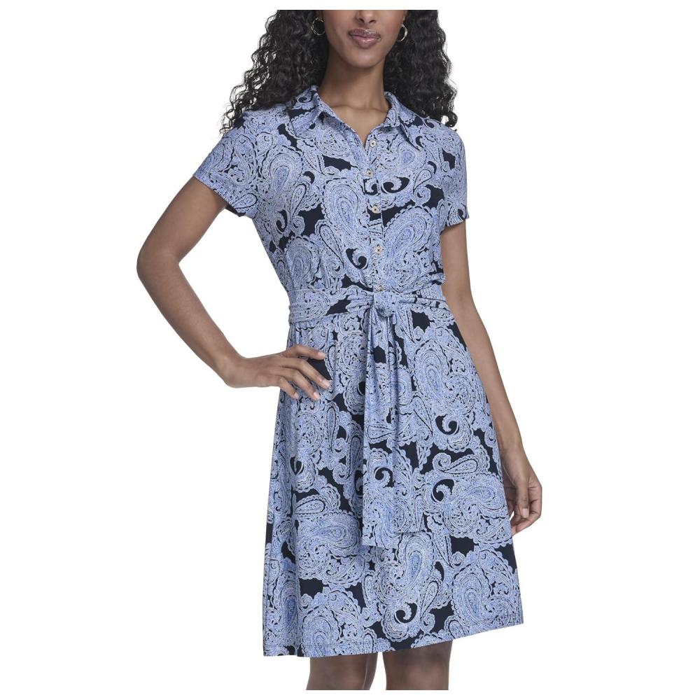 imageTommy Hilfiger Womens Short Sleeve Collared Neck Jersey Shift Mini DressSky Captain Marina Blue