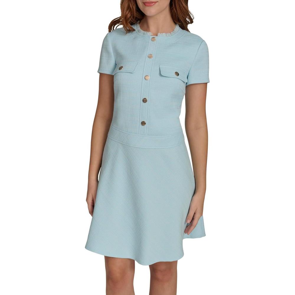 imageTommy Hilfiger Womens Short Sleeve Crew Neck Two Chest Pockets Hopsack Mini DressPorcelain Blue