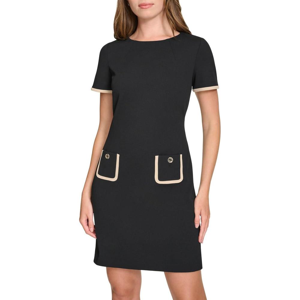 imageTommy Hilfiger Womens Short Sleeve Jewel Neck Contrast Piping Mini Shift DressBlackChino