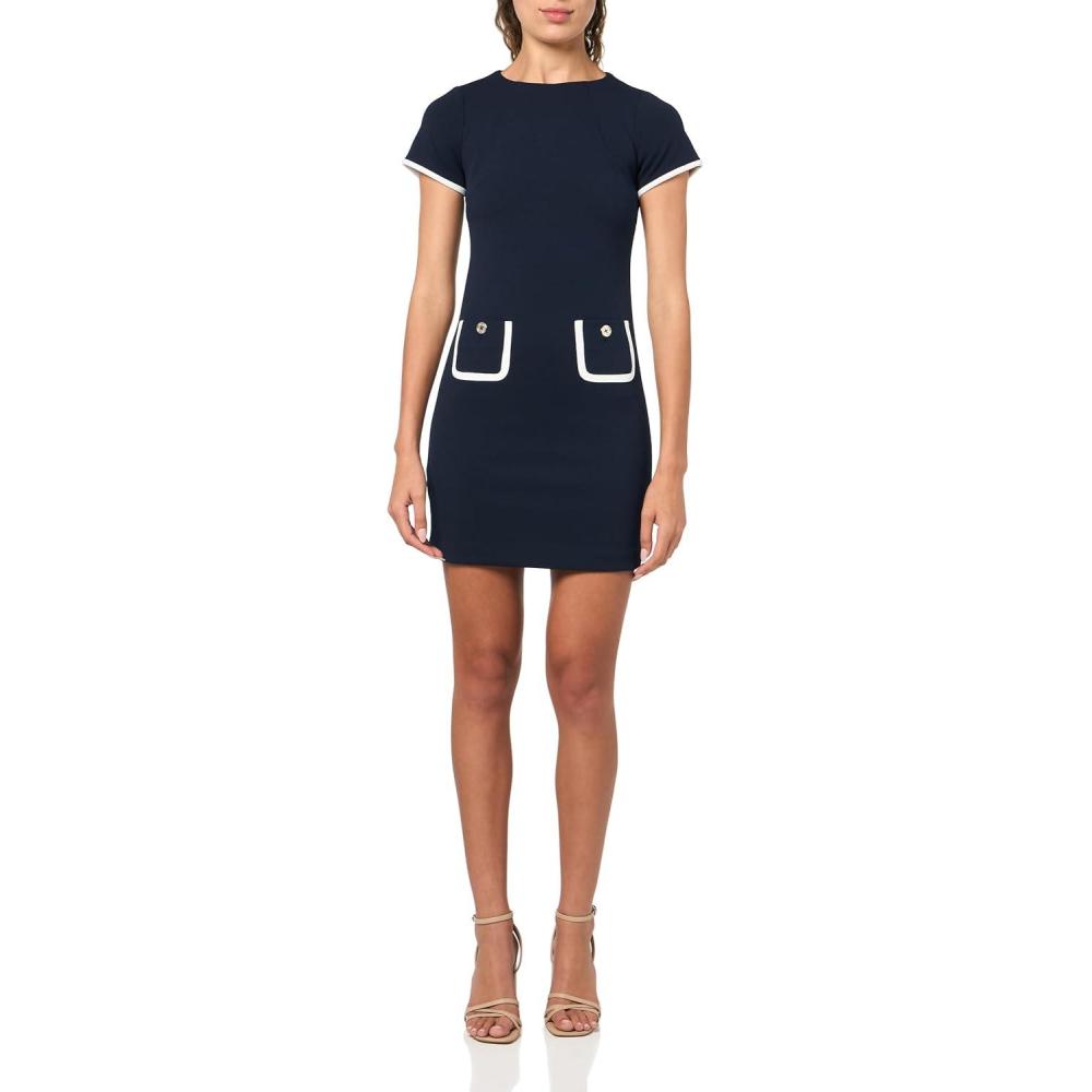 imageTommy Hilfiger Womens Short Sleeve Jewel Neck Contrast Piping Mini Shift DressSky CaptainIvory