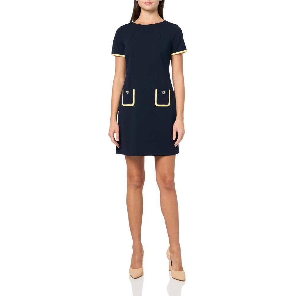 imageTommy Hilfiger Womens Short Sleeve Jewel Neck Contrast Piping Mini Shift DressSky CaptainSunshine