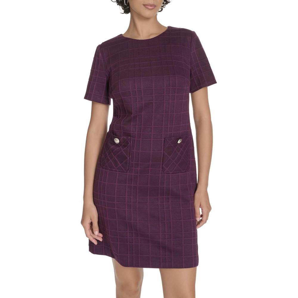imageTommy Hilfiger Womens Short Sleeve Jewel Neck Novelty Button Mini Shift DressAubergine