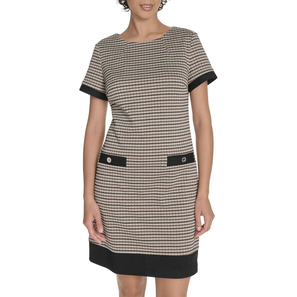 imageTommy Hilfiger Womens Short Sleeve Jewel Neck Novelty Button Mini Shift DressBrown Multi