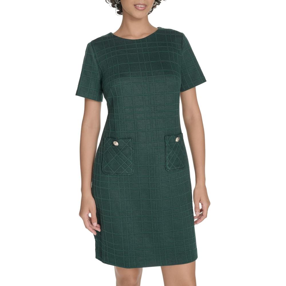 imageTommy Hilfiger Womens Short Sleeve Jewel Neck Novelty Button Mini Shift DressCypress