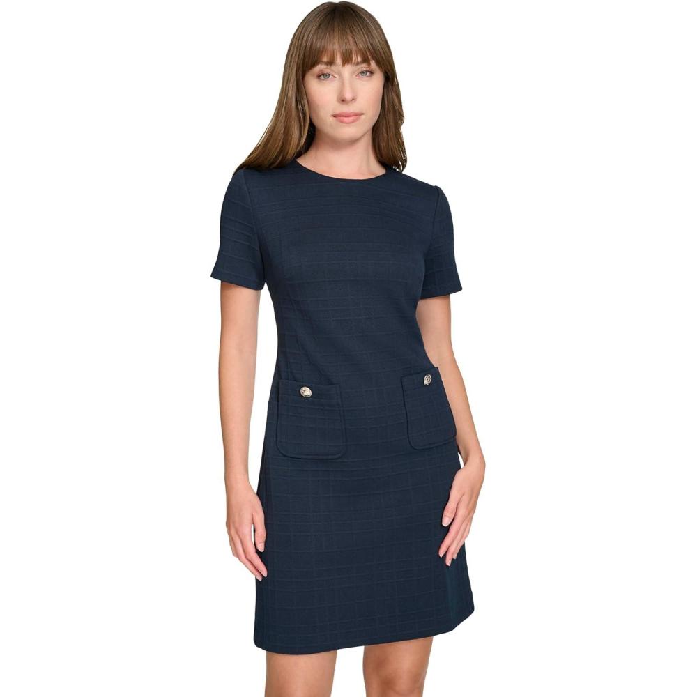 imageTommy Hilfiger Womens Short Sleeve Jewel Neck Novelty Button Mini Shift DressSky Captain