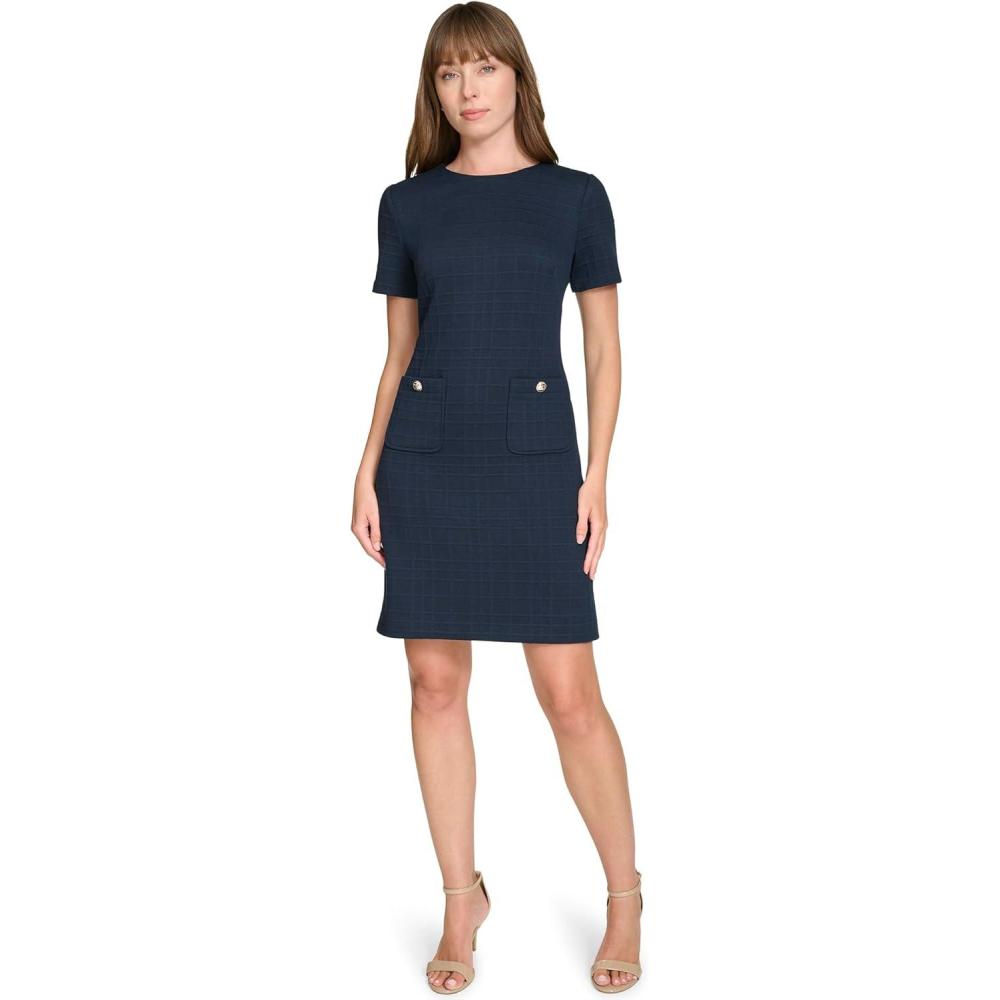 imageTommy Hilfiger Womens Short Sleeve Jewel Neck Novelty Button Mini Shift DressSky Captain Blue