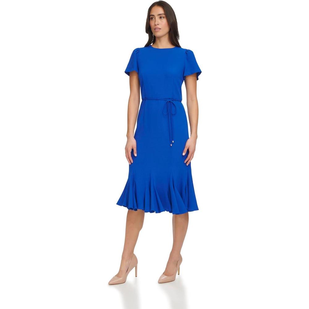 imageTommy Hilfiger Womens Short Sleeve Pleated Hem Rope Belt Midi DressMajorelle Blue