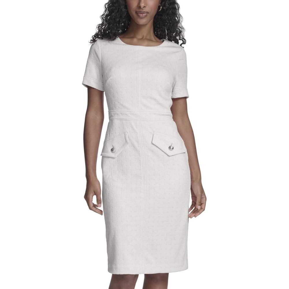 imageTommy Hilfiger Womens Short Sleeve Round Neck Novelty Button Tweed Mini Sheath DressIvory